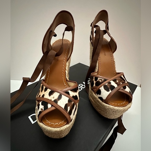 New Dolce & Gabbana Leopard Pony Hair Espadrille/Ankle Wrap Wedge - Picture 13 of 16